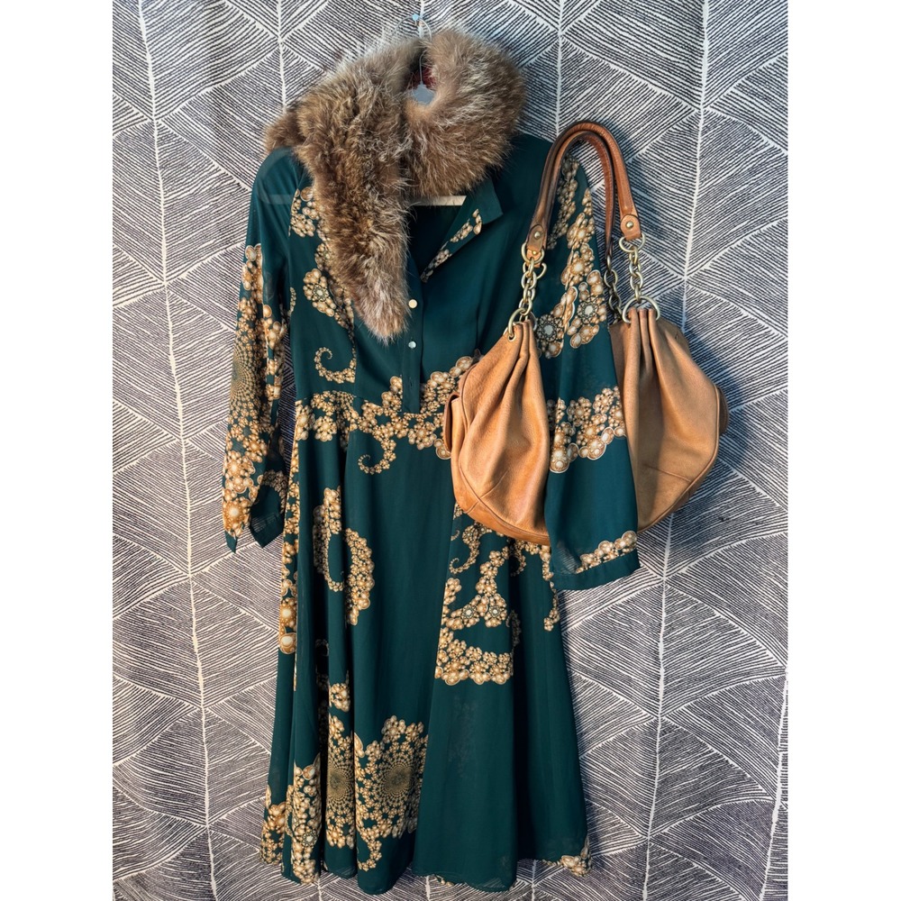 Vintage Emerald‎ Gold Chiffon Midi Dress Sz S/M